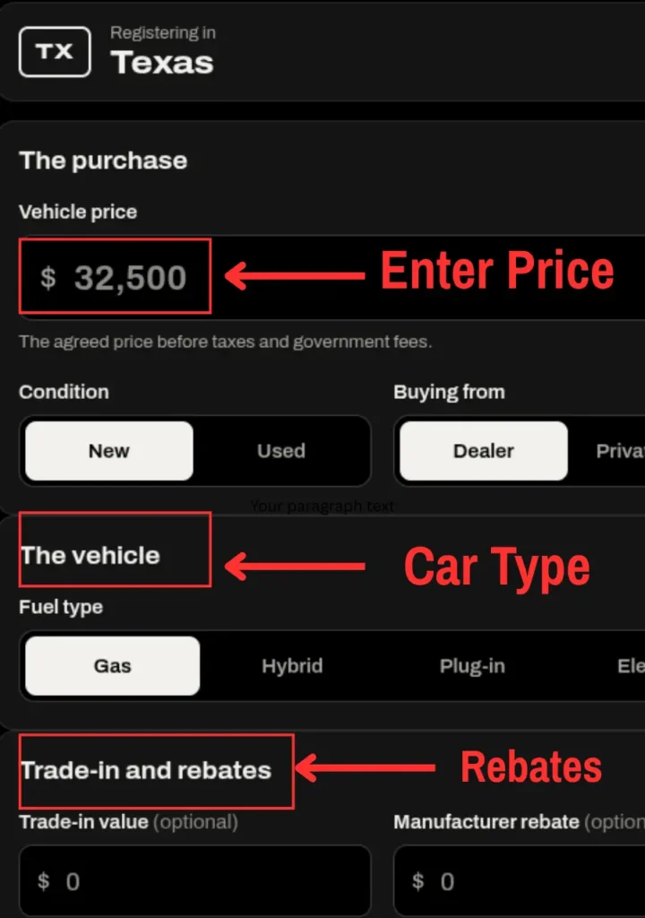 Image showing input field on Tax, Title and license calculator
