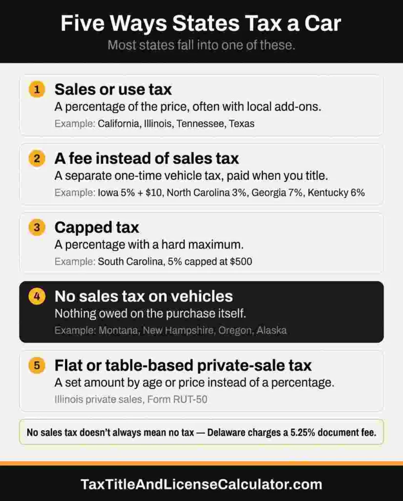 Five systems states use to tax a car — percentage sales tax, a one-time fee instead of sales tax, a capped tax, no vehicle sales tax at all, and flat table-based private-sale tax