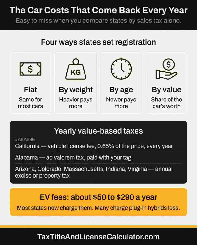 Yearly vehicle costs — registration set by flat rate, weight, age or value, plus annual value-based taxes in California, Alabama, Arizona, Colorado, Massachusetts, Indiana and Virginia, and EV fees of about $50 to $290 a year